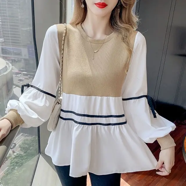 Striped Top Drawstring Long Sleeve Inner Wear Loose Shirt Khaki - Shop at LoveMi