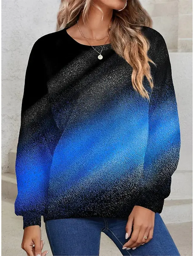 Women's Round neck Long Sleeve Gradient Sequin Long Sleeve Loose Sweatshirt 1Color - Shop at LoveMi