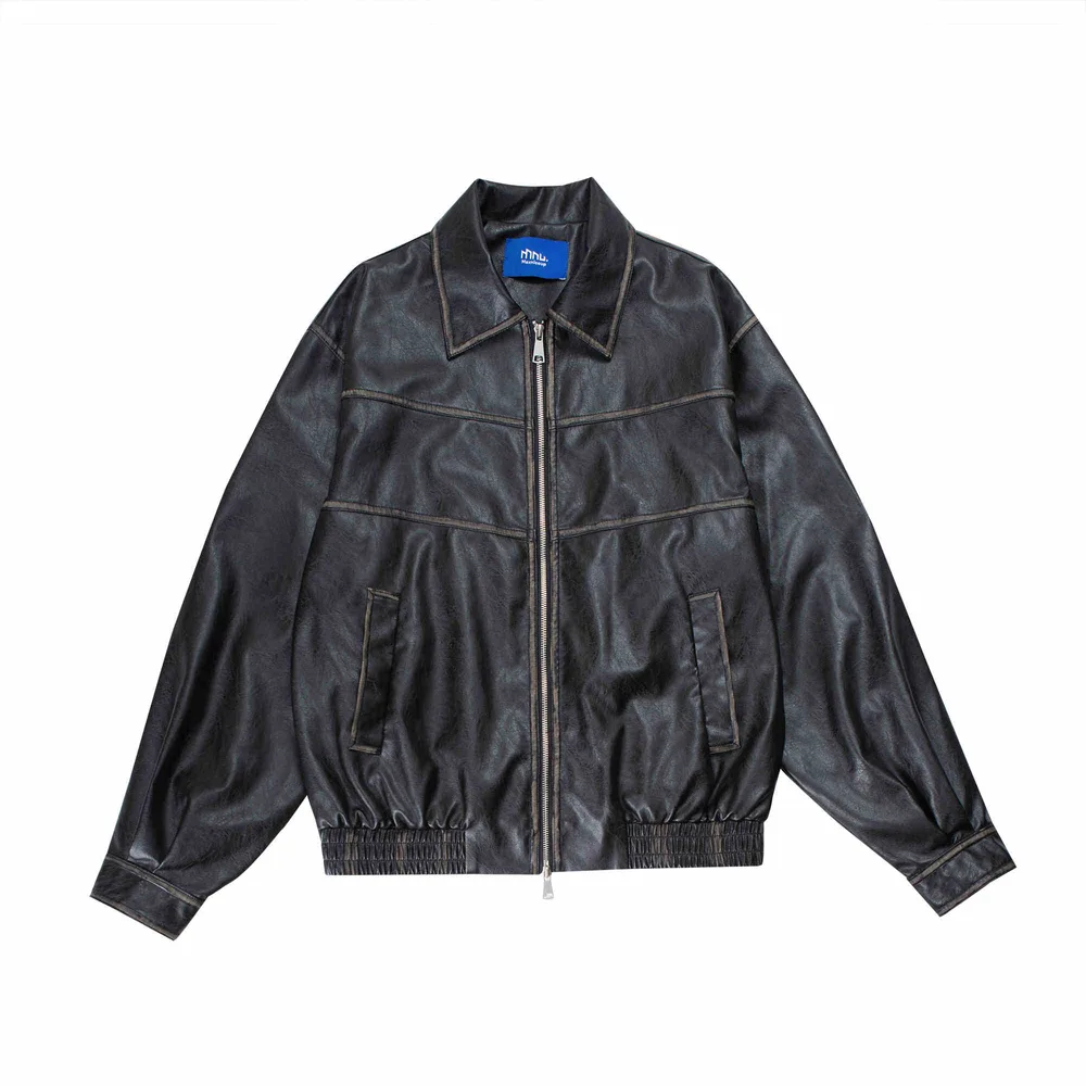 Japanese Retro Motorcycle Leather Jacket Loose High Street - Black