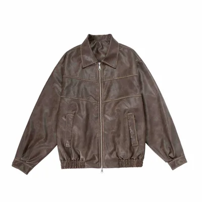 Japanese Retro Motorcycle Leather Jacket Loose High Street Coffee - Shop at LoveMi