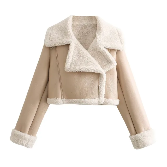 Fur Integrated Short Street Motorcycle Clothing Coat Beige - Shop at LoveMi