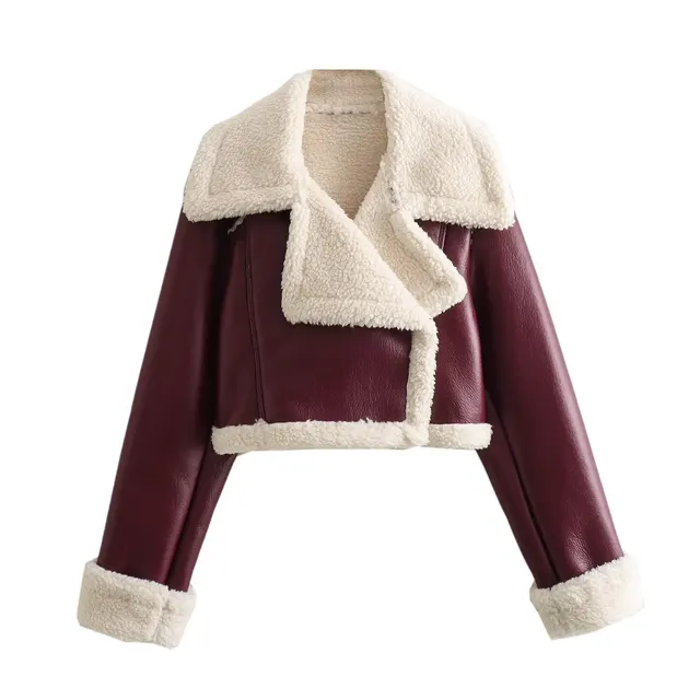 Fur Integrated Short Street Motorcycle Clothing Coat Purplish Red - Shop at LoveMi