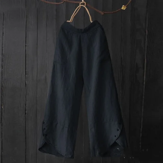 High Waist Plus Size Loose Pockets Button Women's Casual Pants Black - Shop at LoveMi