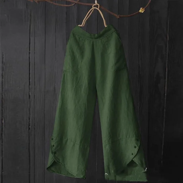 High Waist Plus Size Loose Pockets Button Women's Casual Pants Green - Shop at LoveMi