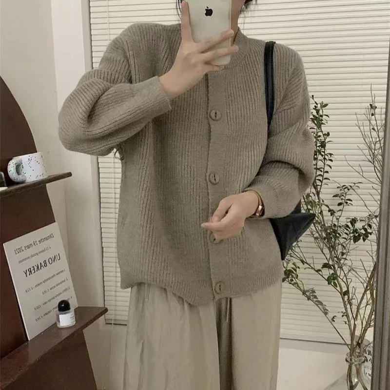 Korean Style Lazy Style Solid Color Single breasted Knitted Cardigan Khaki - Shop at LoveMi