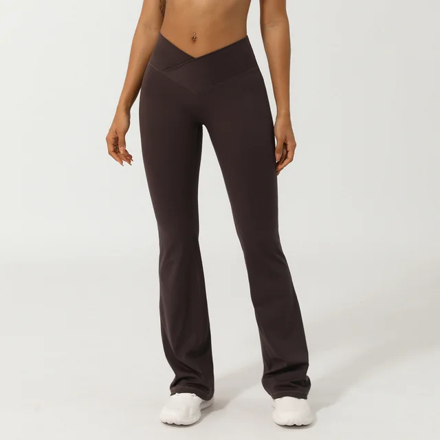 European And American Nude Feel V Waist Cross Wide Leg Pants For Women Chocolate - Shop at LoveMi