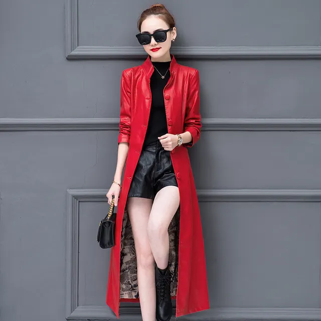 Spring And Autumn Long Women's Slim Fit Slimming Leather Wind Coat Fur Coat Baggy Coat Red - Shop at LoveMi