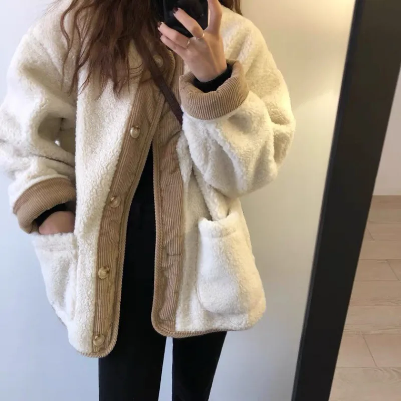 Leather Bag Edge Color Matching Thickening Thermal One-piece Cotton-padded Coat For Women - Apricot - View 1