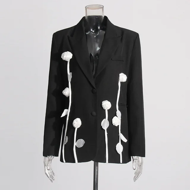 High grade Flower Slim Fit Patchwork Long Sleeve Thin Suit Coat For Women Black - Shop at LoveMi