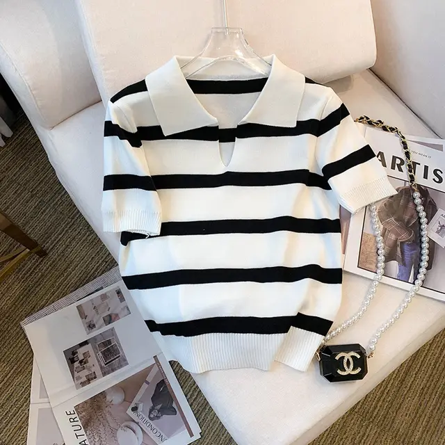 Striped V neck Short sleeved T shirt Ice Silk Knitted Top White And Black Stripes - Shop at LoveMi