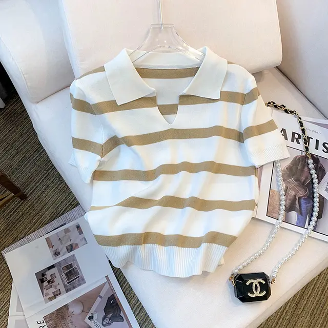 Striped V neck Short sleeved T shirt Ice Silk Knitted Top White Coffee Stripes - Shop at LoveMi