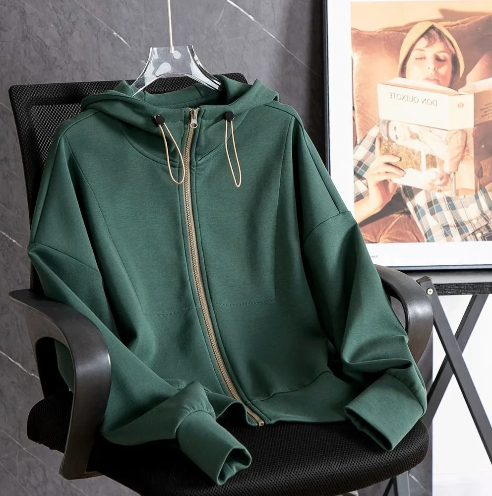 Autumn High-grade Sweater Hooded Drawstring Loose All-matching Cardigan Coat - Dark Green - View 1