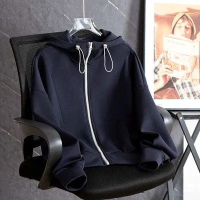 Autumn High grade Sweater Hooded Drawstring Loose All matching Cardigan Coat Navy Blue - Shop at LoveMi