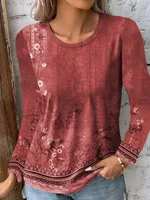 Landscape Painting Printed Long-sleeved T-shirt Top - Red
