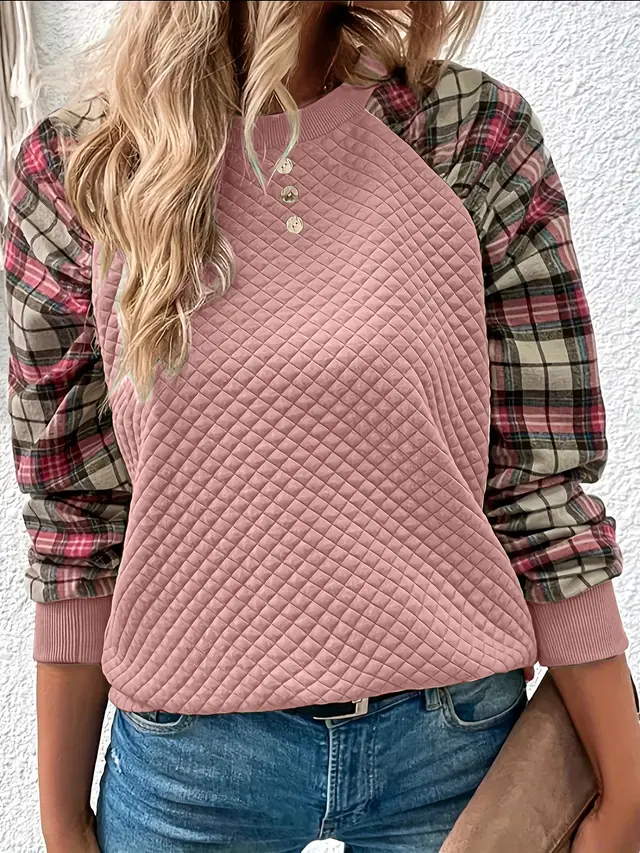Diamond Plaid Stitching Long Sleeve Crew Neck Sweater Pink - Shop at LoveMi