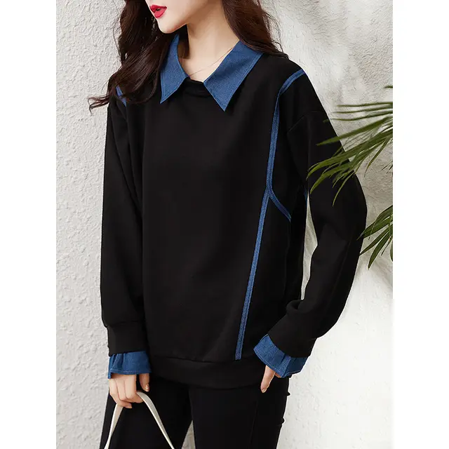 Denim Color Contrast Patchwork Lapel Sweater Black - Shop at LoveMi