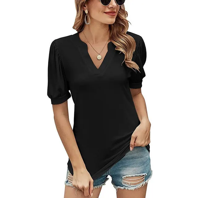 Casual V neck Solid Color Puff Sleeve Loose T shirt For Women Black - Shop at LoveMi