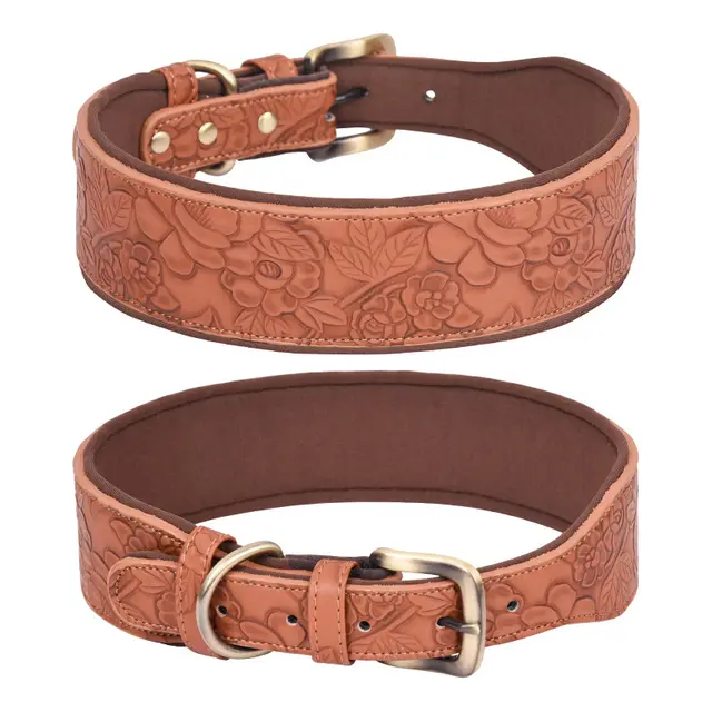 Embossed Leather Pet Collar Soft Space Cotton Substrate Light Brown - Shop at LoveMi