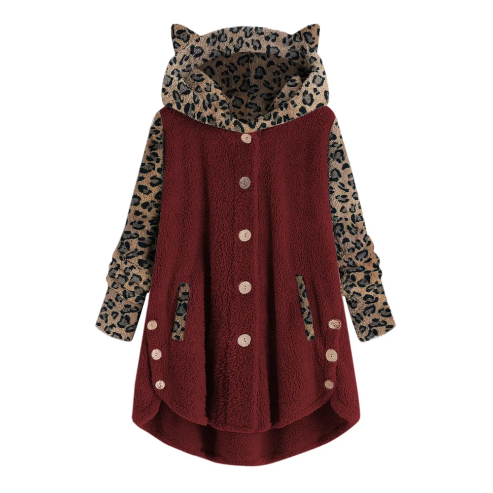 Button Long Sleeve Leopard Splicing Hooded Plush Coat For Women Wine - Shop at LoveMi