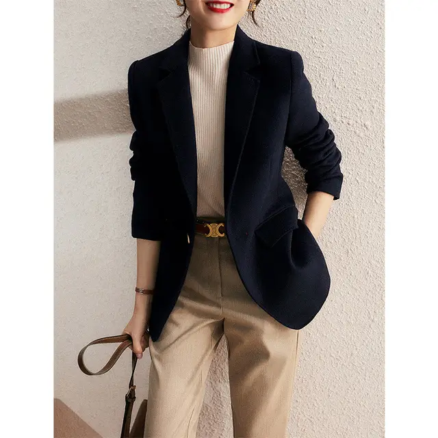 Autumn And Winter Wool like Suit Jacket For Women Dark Blue - Shop at LoveMi