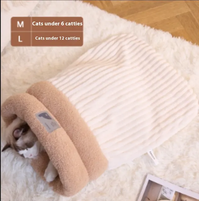 Pet Sleeping Bag Winter Warm Soft Plush Semi Enclosed Cat Nest Sleeping Bag Home Cat And Dog Comfortable Bed Accessories White - Shop at LoveMi