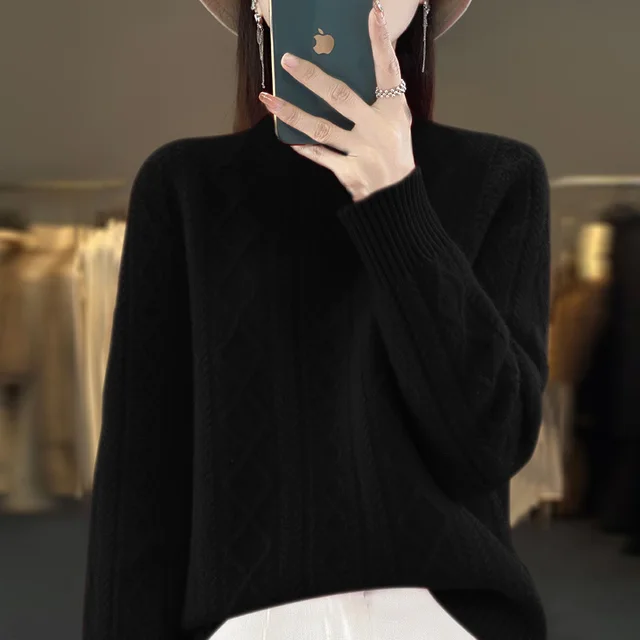 Autumn And Winter Thickening Half Turtleneck Cable knit Sweater Sweater Black - Shop at LoveMi