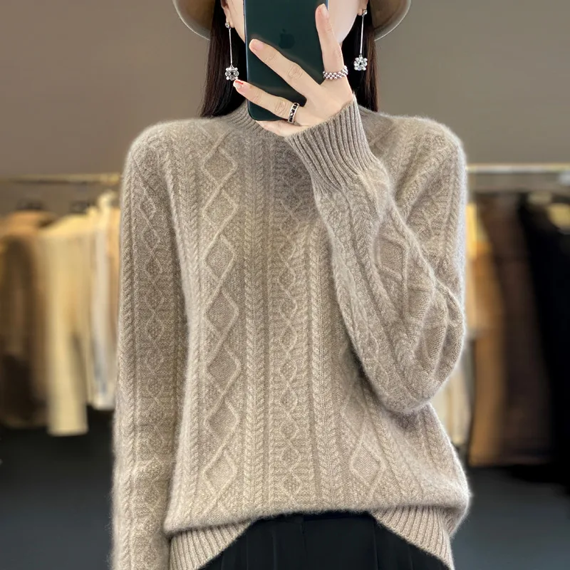 Autumn And Winter Thickening Half Turtleneck Cable-knit Sweater Sweater - Camel