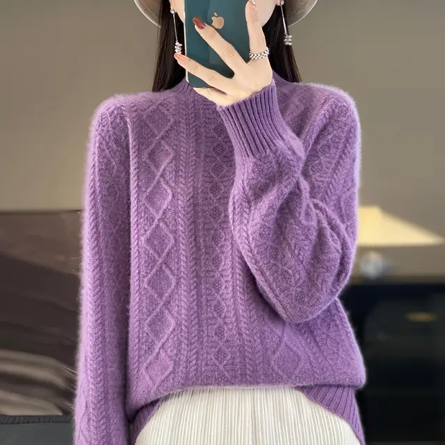 Autumn And Winter Thickening Half Turtleneck Cable knit Sweater Sweater Western Purple - Shop at LoveMi