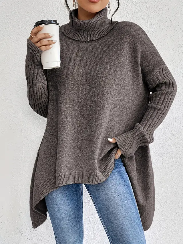 Irregular Turtleneck Sweater Winter Loose Long Sleeve Knitted Tops Leisure Warm Pullover Sweater Women's Clothing Light Brown - Shop at LoveMi