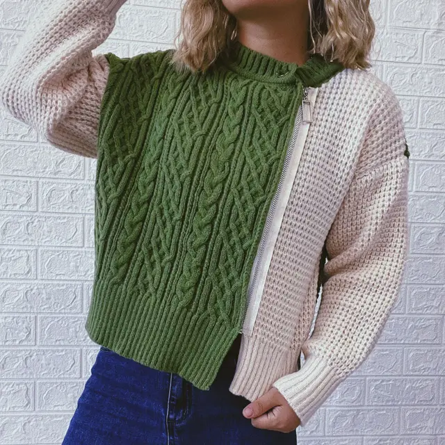 Round Neck Oblique Zipper Twist Color Contrast Patchwork Knitted Cardigan Sweater Coat Army Green - Shop at LoveMi