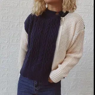 Round Neck Oblique Zipper Twist Color Contrast Patchwork Knitted Cardigan Sweater Coat - Navy Blue