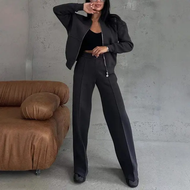 Women's Sports Suits Zipper Jacket And Wide Leg Pants Two piece Set Black - Shop at LoveMi