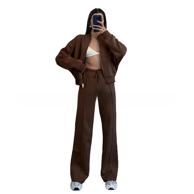 Women's Sports Suits Zipper Jacket And Wide Leg Pants Two piece Set Coffee - Shop at LoveMi