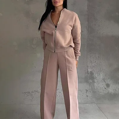 Women's Sports Suits Zipper Jacket And Wide Leg Pants Two piece Set Pink - Shop at LoveMi