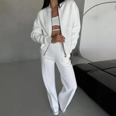 Women's Sports Suits Zipper Jacket And Wide Leg Pants Two piece Set White - Shop at LoveMi