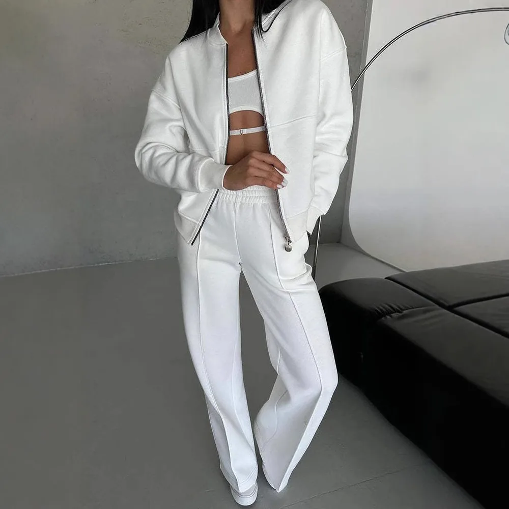 Women's Sports Suits Zipper Jacket And Wide Leg Pants Two-piece Set - White