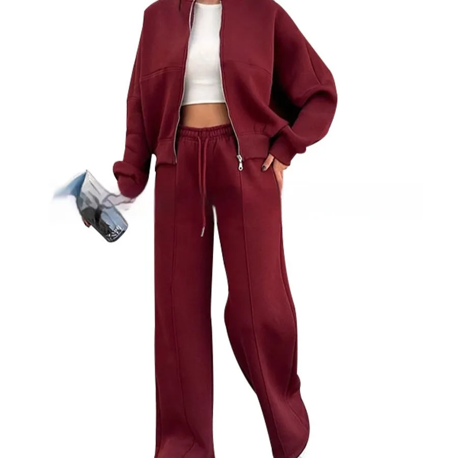 Women's Sports Suits Zipper Jacket And Wide Leg Pants Two-piece Set - Wine Red - View 1