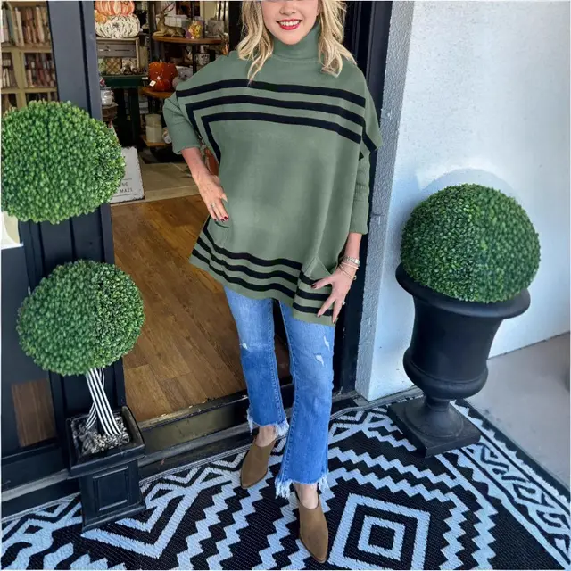 Women's Turtleneck Knitting Batwing Sleeve Striped Sweater Green - Shop at LoveMi