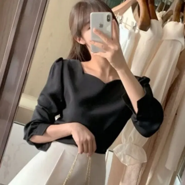 Chic Unique Heart shaped Square Collar Pullover Shirt Black - Shop at LoveMi
