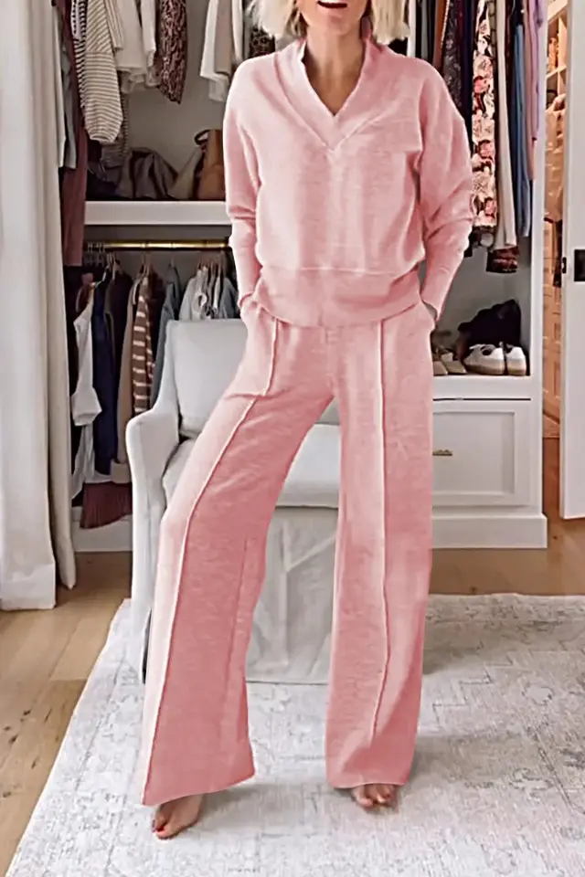 V neck Long Sleeve Loose Top Wide Leg Pants Two piece Set Pink - Shop at LoveMi
