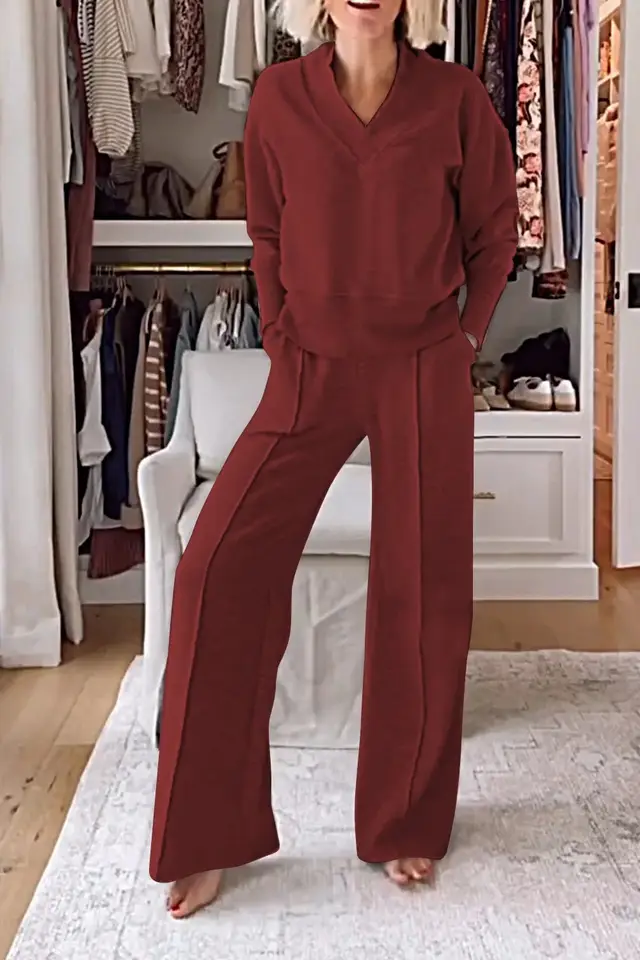V neck Long Sleeve Loose Top Wide Leg Pants Two piece Set Wine Red - Shop at LoveMi