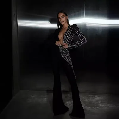 Elegant Deep V neck Long Sleeve Slim Fit Rhinestone Sequined Jumpsuit Black - Shop at LoveMi