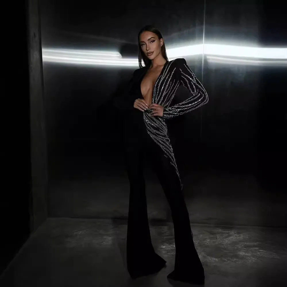 Elegant Deep V neck Long Sleeve Slim Fit Rhinestone Sequined Jumpsuit Black - Shop at LoveMi