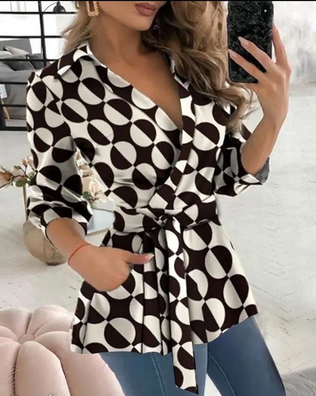 Printed Long Sleeve V neck Belt Shirt Black And White Dots - Shop at LoveMi