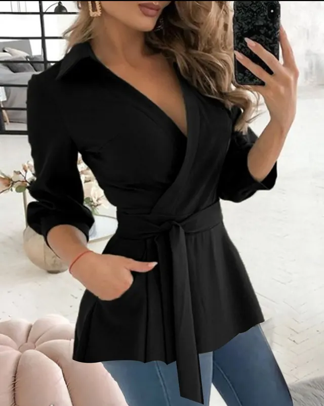 Printed Long Sleeve V neck Belt Shirt Black - Shop at LoveMi
