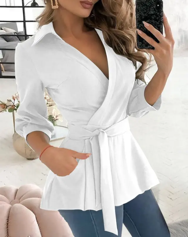 Printed Long Sleeve V neck Belt Shirt White - Shop at LoveMi