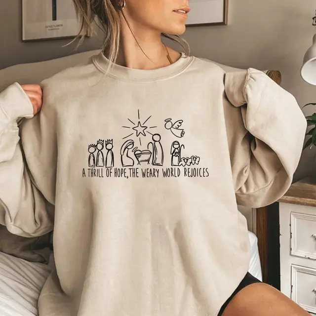 Christian Christmas Sweatshirt Nativity Scene Sweater Khaki - Shop at LoveMi