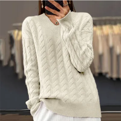 Women's V neck Sweater Pullover Sweater Beige - Shop at LoveMi