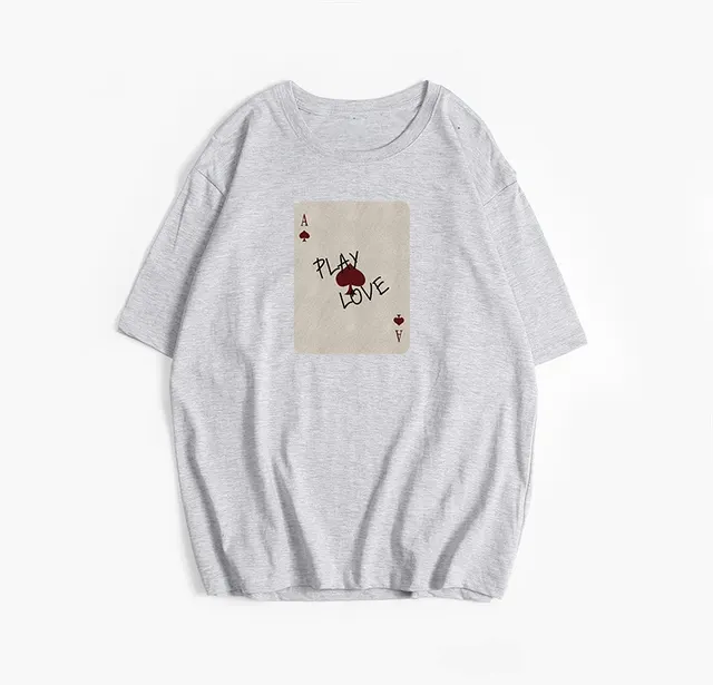 Cotton Short sleeved Shirt Printed Round Neck T shirt Light Gray - Shop at LoveMi