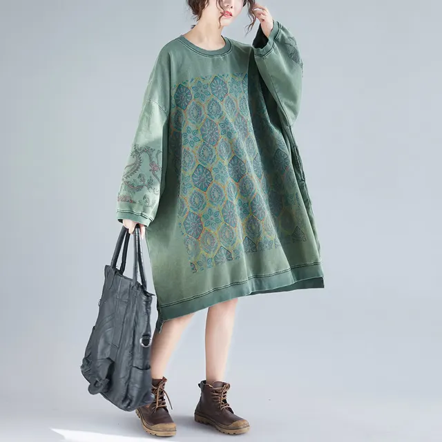 Printed Personality Plus Size Bat Sleeve Dress Green - Shop at LoveMi